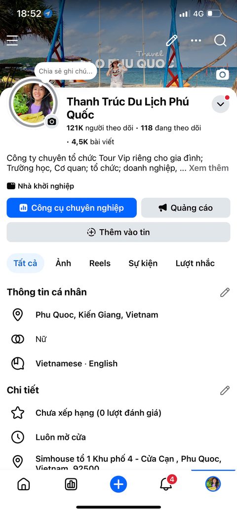 Screenshot Facebook Thanh Trúc Du Lịch Phú Quốc — 121K theo dõi