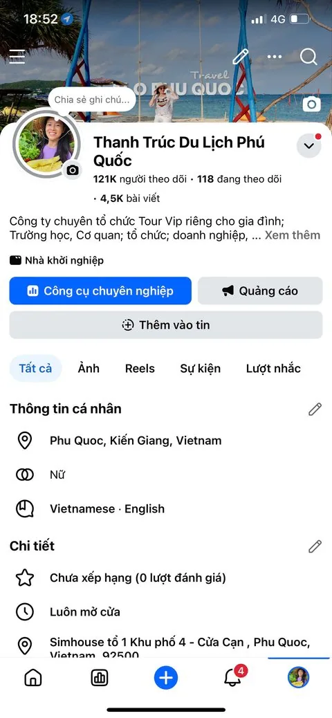 Screenshot Facebook Thanh Trúc Du Lịch Phú Quốc — 121K theo dõi