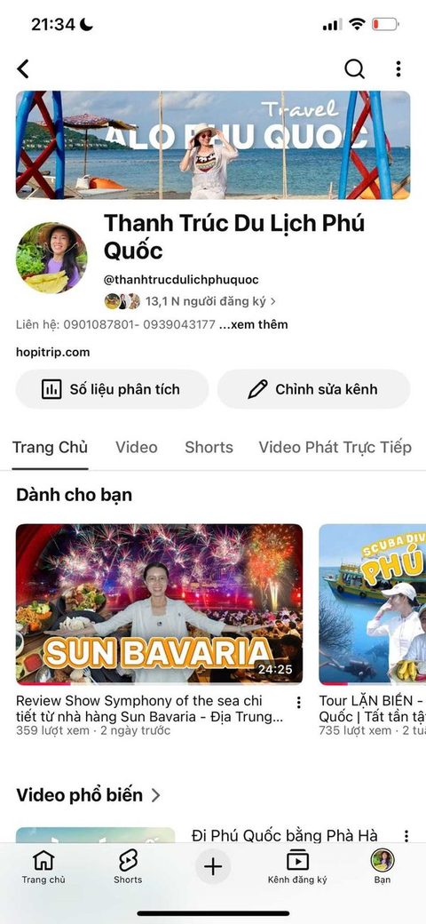 Screenshot YouTube Thanh Trúc Du Lịch Phú Quốc — 13K subscriber