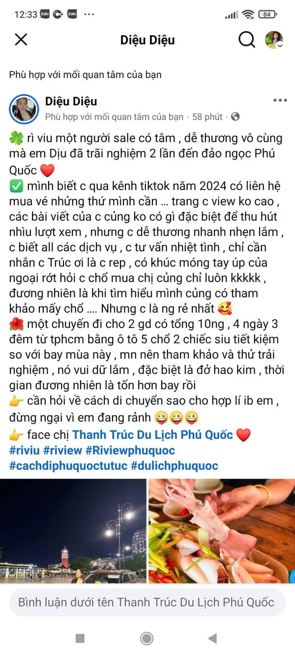 Screenshot Facebook review Diệu Diệu