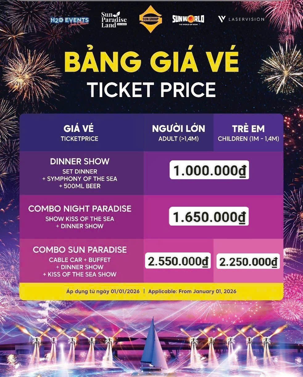 Bảng giá vé các loại show Symphony Of The Sea Phú Quốc 2026