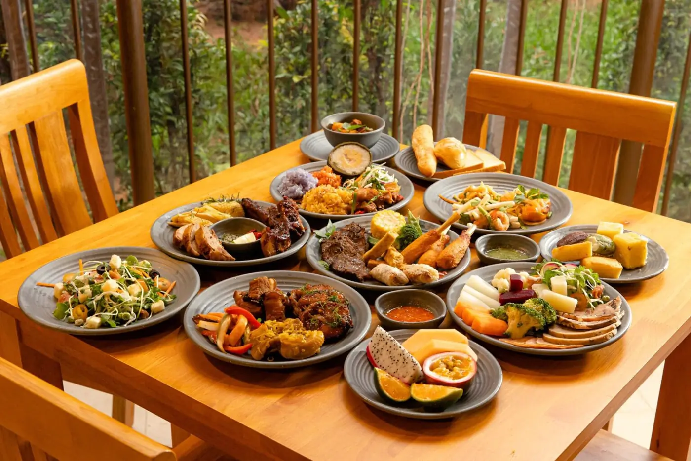 Bàn buffet trưa với hải sản tại nhà hàng trên đảo Hòn Thơm